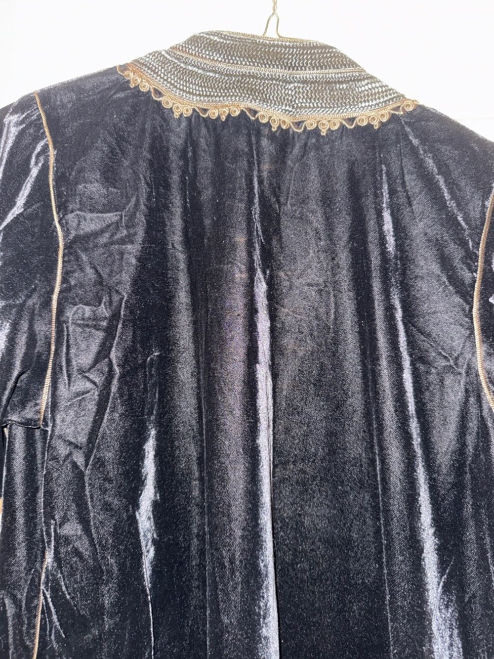 Black Velvet Long Coat with Ornate Gold-Tone Trim - Picture 13 of 16